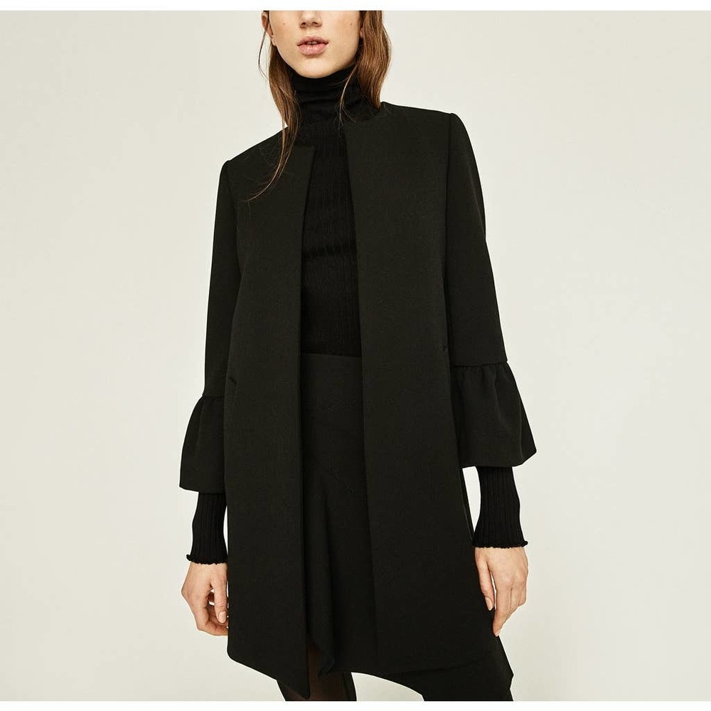 ZARA Bell Sleeve Collarless Coat Long Black Jacket - Picture 12 of 12